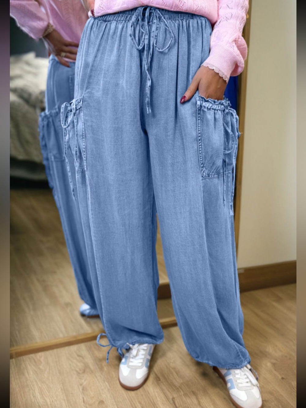1289. Light Blue drawstring elastic waist ankle tie chambray pant